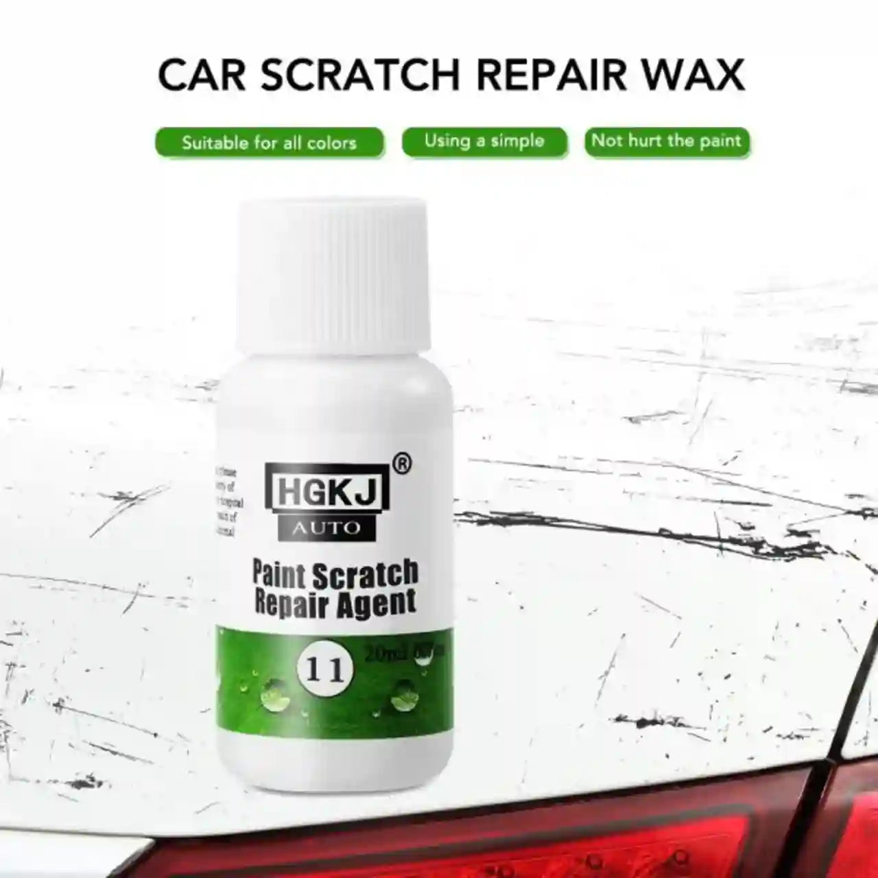 Car scratch repair wax bottle with a white background and car scratches.