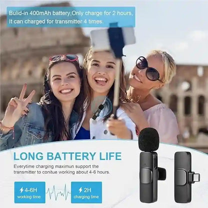 Three people taking a selfie with a microphone and transmitter, with text about battery life and charging time.