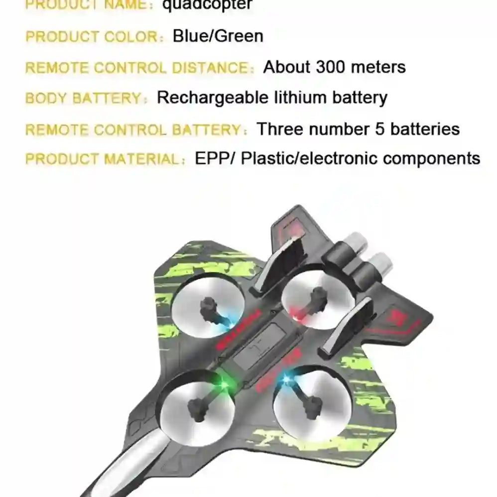 Quadcopter with product details on a white background