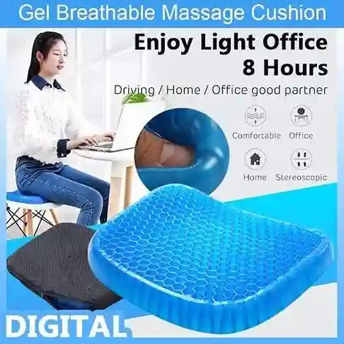 Gel breathable massage cushion with text on comfort and usage scenarios