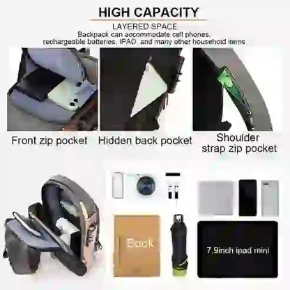 Backpack with various pockets and compartments, featuring a front zip pocket, hidden back pocket, and shoulder strap zip pocket.