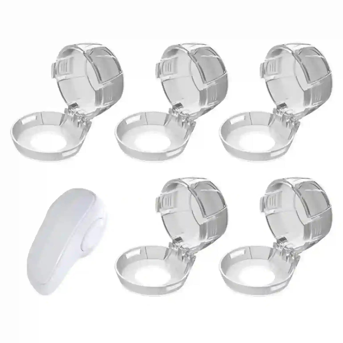 Set of six clear plastic containers with lids on a white background
