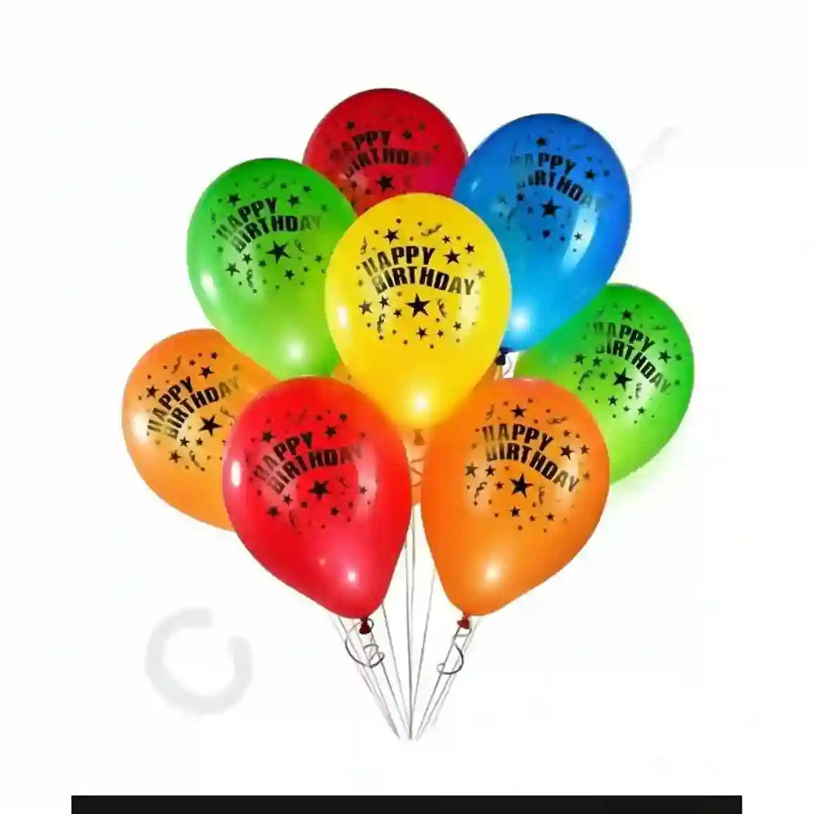Colorful balloons with 'Happy Birthday' text on a white background