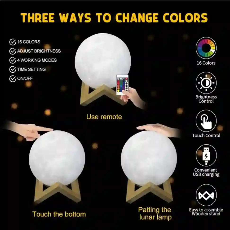Lunar lamp with remote control and touch options on a black background