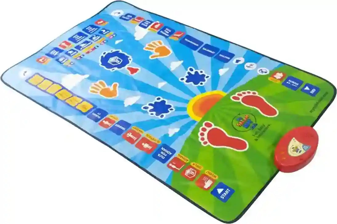 Colorful interactive mat with various symbols on a white background