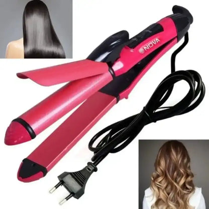 Pink hair straightener with black accents on a white background, showing before and after images of styled hair.
