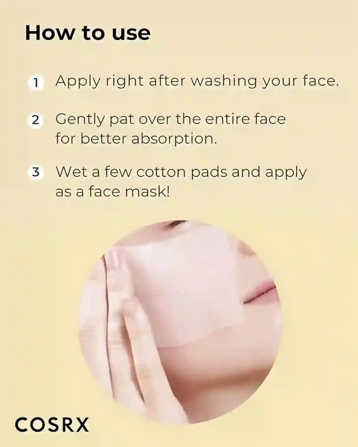 Cosrx product usage instructions on a yellow background