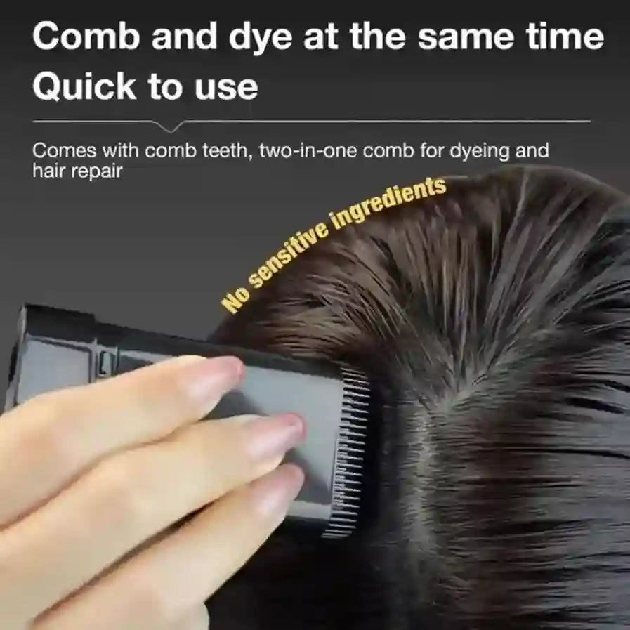 Two-in-one comb for dyeing and hair repair with text highlighting features on a dark background.