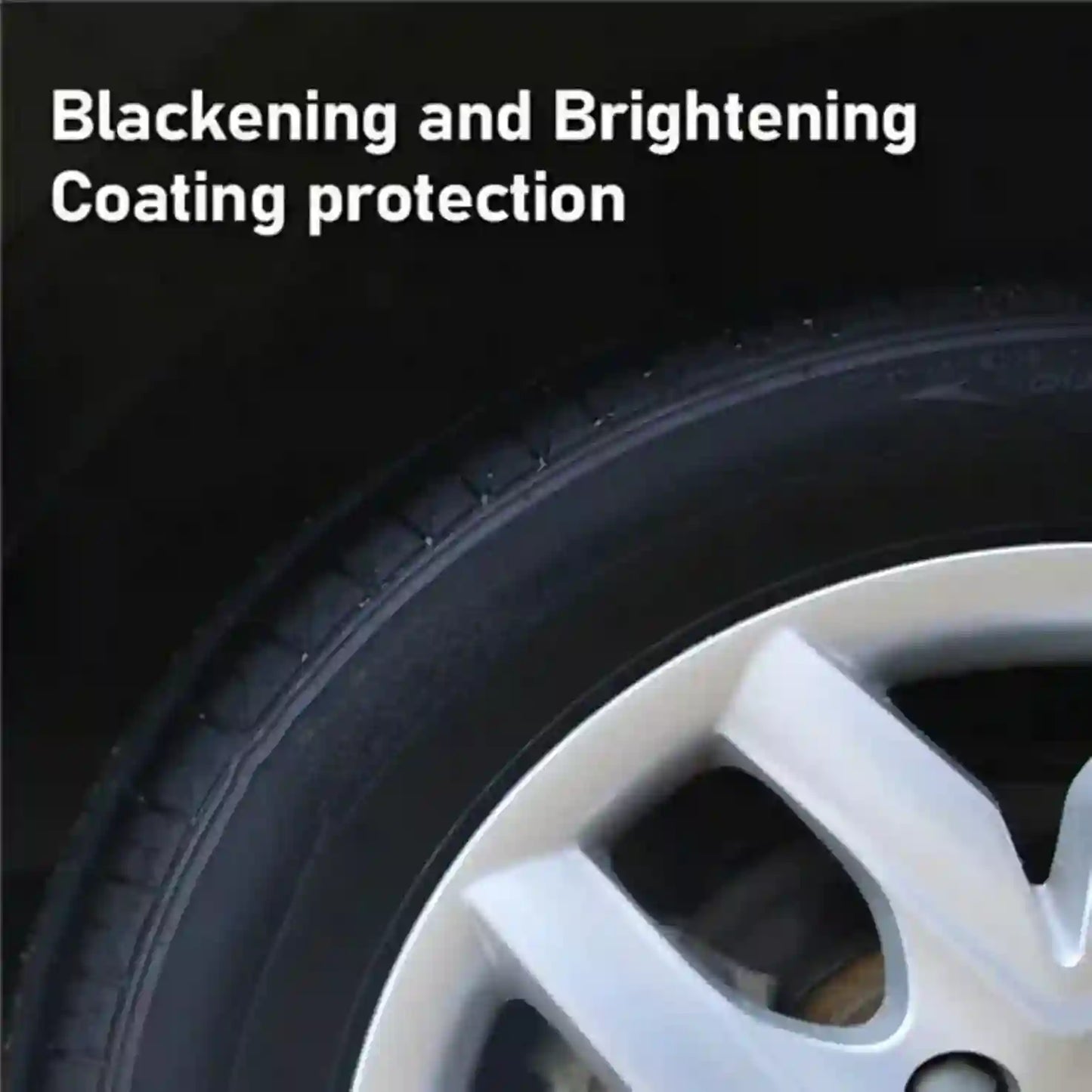 Close-up of a car tire with text 'Blackening and Brightening Coating protection' on a black background