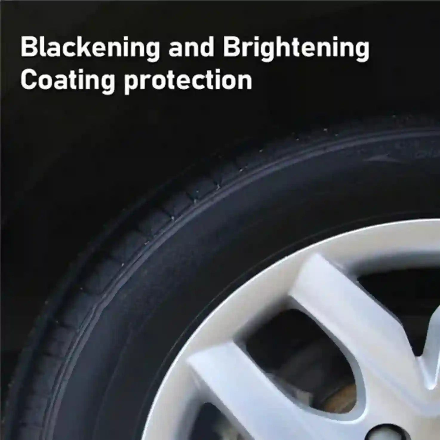 Close-up of a car tire with text 'Blackening and Brightening Coating protection' on a black background