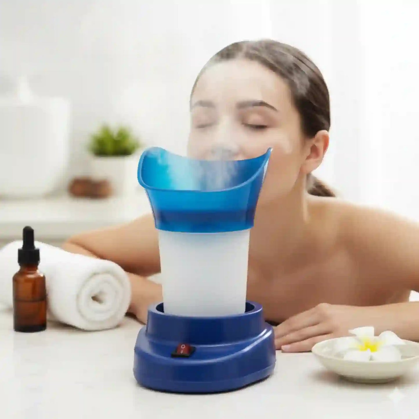 Woman using a blue facial steamer with a blurred background