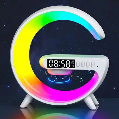 Colorful moon-shaped clock with digital display on a dark background