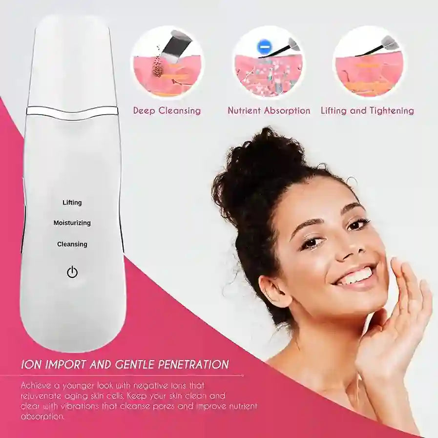 Skincare device with a woman using it, showing benefits on a pink and white background.