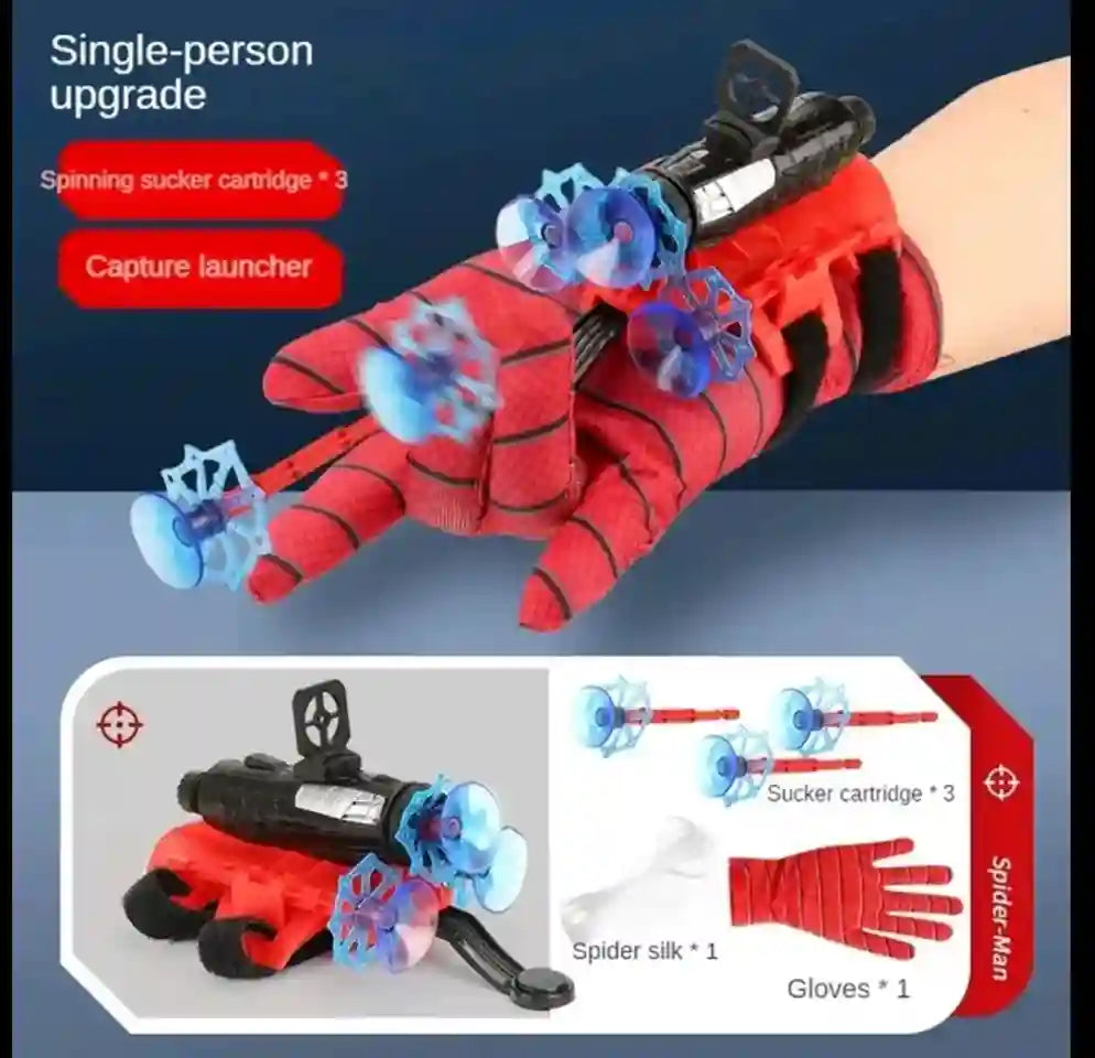 Red and black glove with blue attachments, labeled as a 'Spider-Man' upgrade, on a dark background.