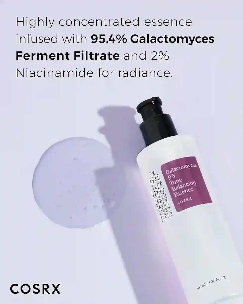 Cosrx skincare product with text about Galactomyces Ferment Filtrate and Niacinamide on a light purple background