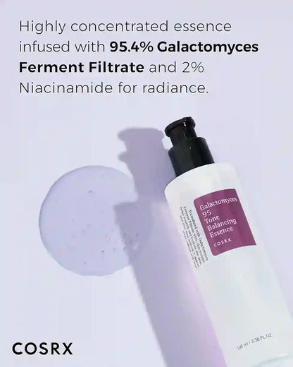Cosrx skincare product with text about Galactomyces Ferment Filtrate and Niacinamide on a light purple background