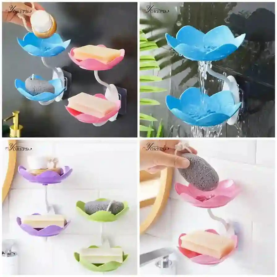 Colorful flower-shaped soap holders with various items on a bathroom background.