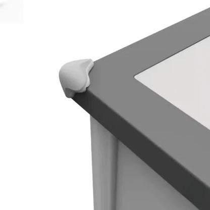 Corner of a gray metal frame with a white background