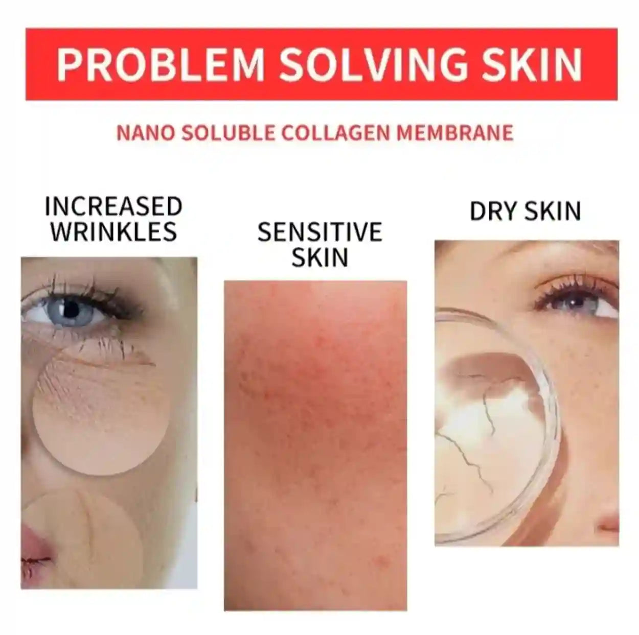Product packaging with text 'Problem Solving Skin' and images of skin conditions and a patch.