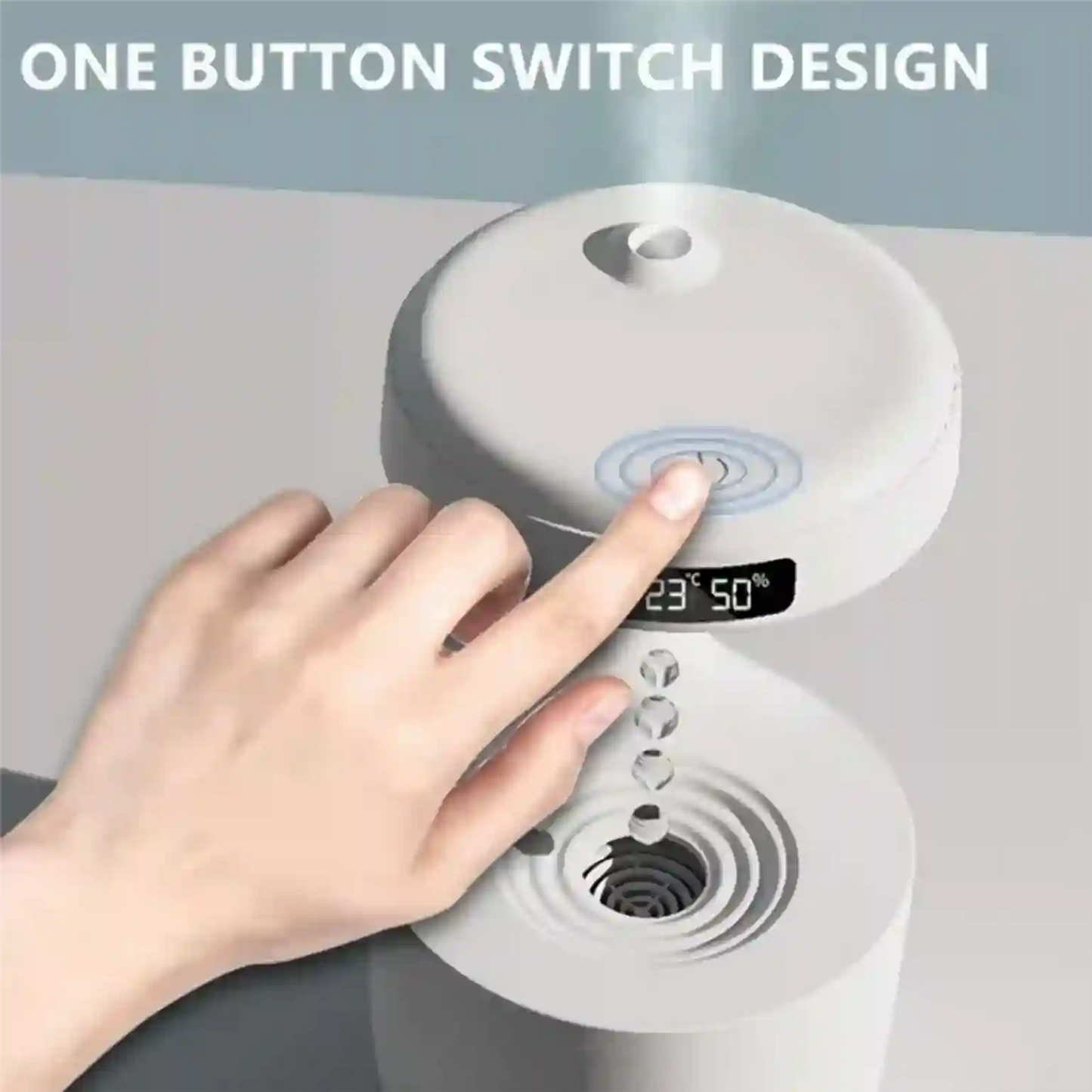 Hand pressing a one-button switch design on a white device with digital display.