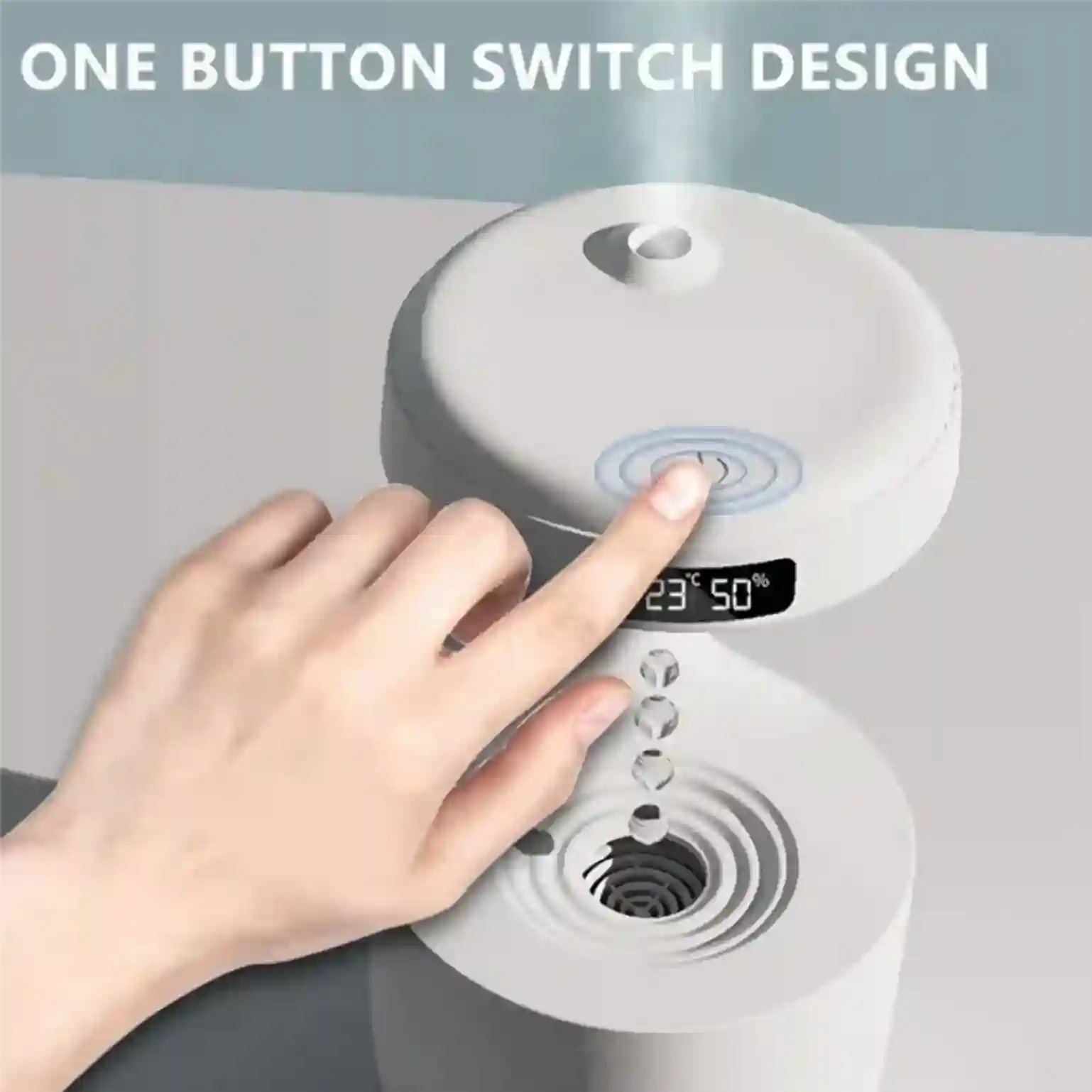 Hand pressing a one-button switch design on a white device with digital display.