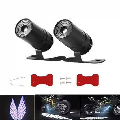 Two motorcycle fog lights with mounting brackets and installation tools on a white background.