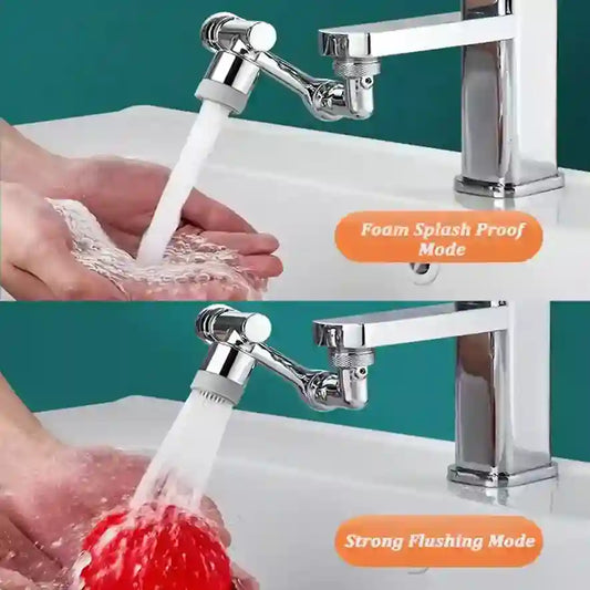 Chrome faucet with water flowing into hands and a red sponge, labeled 'Foam Splash Proof Mode' and 'Strong Flushing Mode'.
