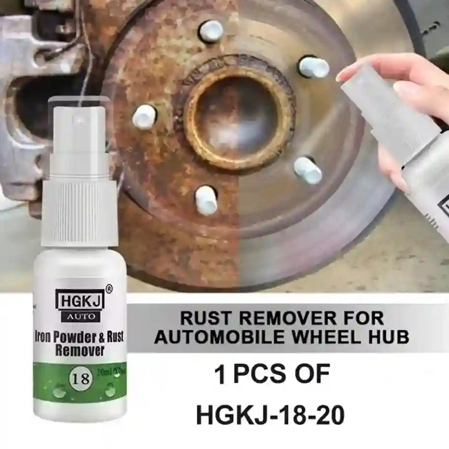 Rust remover spray bottle being used on a rusted automobile wheel hub with HGKJ branding.