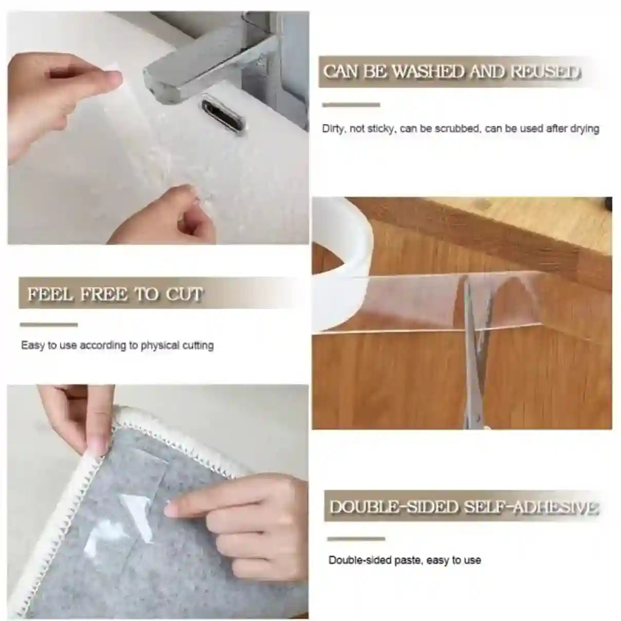 Product demonstration with text on washing, reuse, cutting, and double-sided adhesive properties.