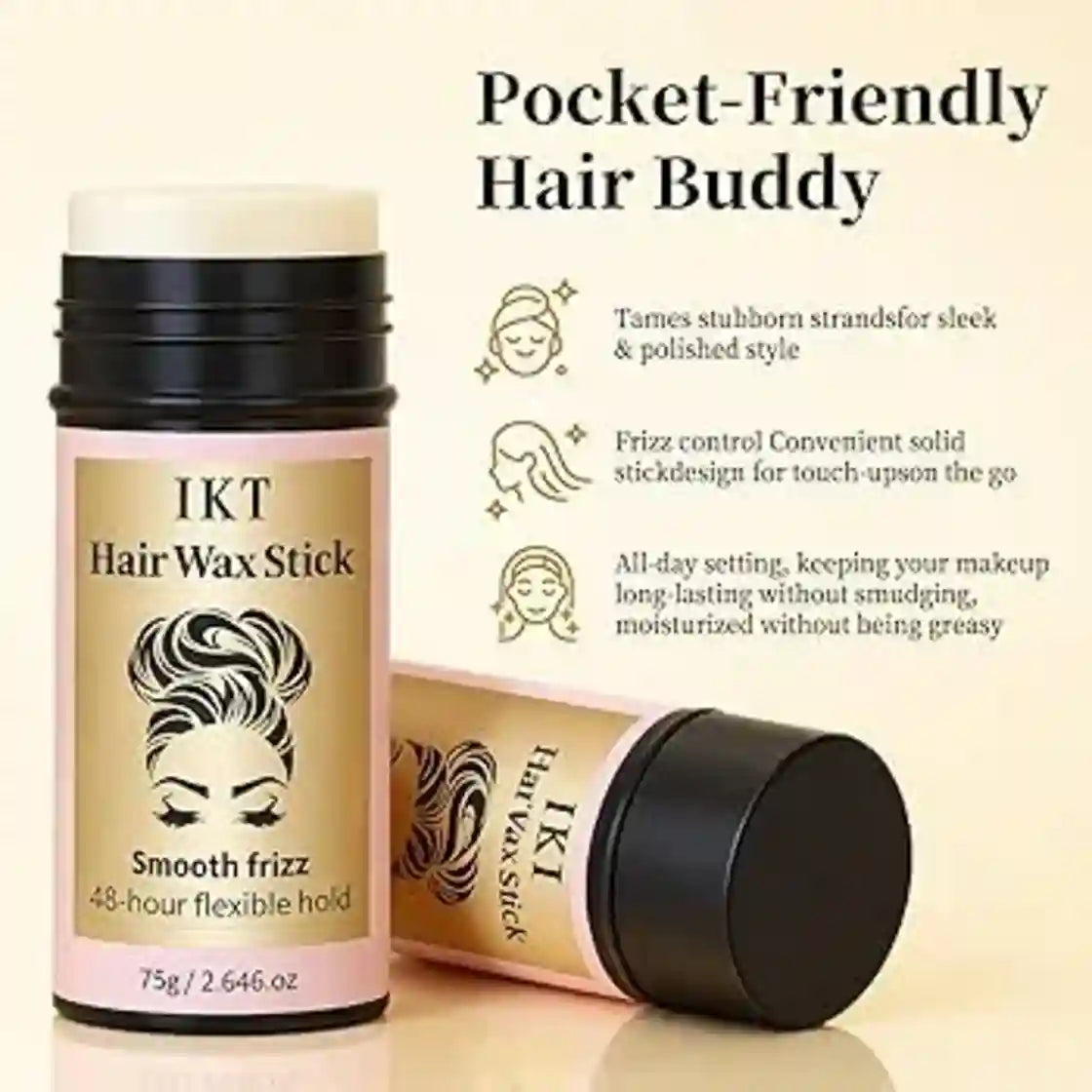 IKT Hair Wax Stick in the Smooth Frizz 48-hour flexible hold formula, shown in a black and pink container alongside a second stick lying down, with promotional text on a beige background.