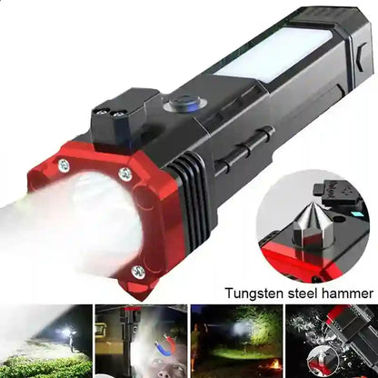 Rechargeable LED Torch Light | Tactical Hammer & Power Bank Flashlight