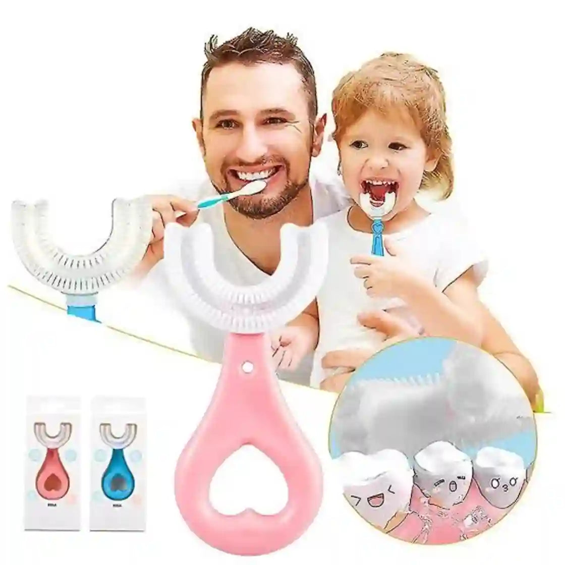 Man and child using a U-shaped toothbrush with additional product images displayed.