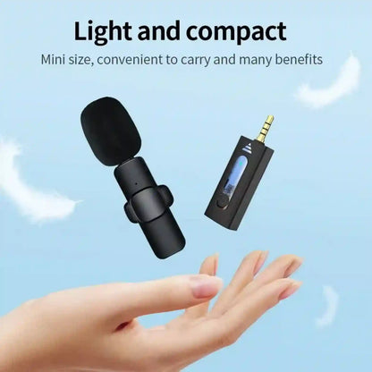 Small black microphone and receiver on a hand with a light blue background, highlighting 'Light and compact' feature.
