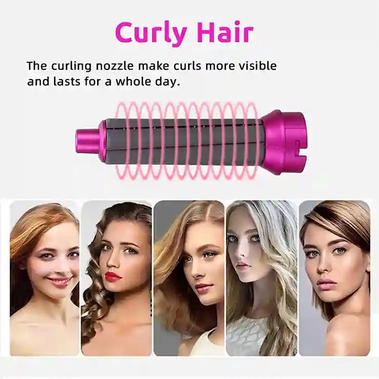 Hair styling tool with text about curly hair and its benefits, displayed on a white background.