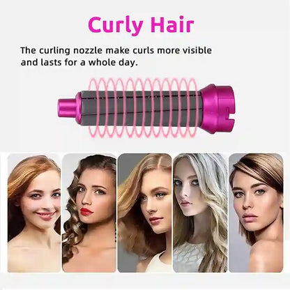 Hair styling tool with text about curly hair and its benefits, displayed on a white background.