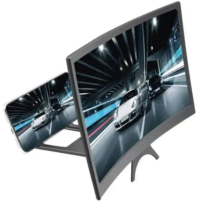 Curved monitor displaying a car on a road with a smartphone showing the same scene.
