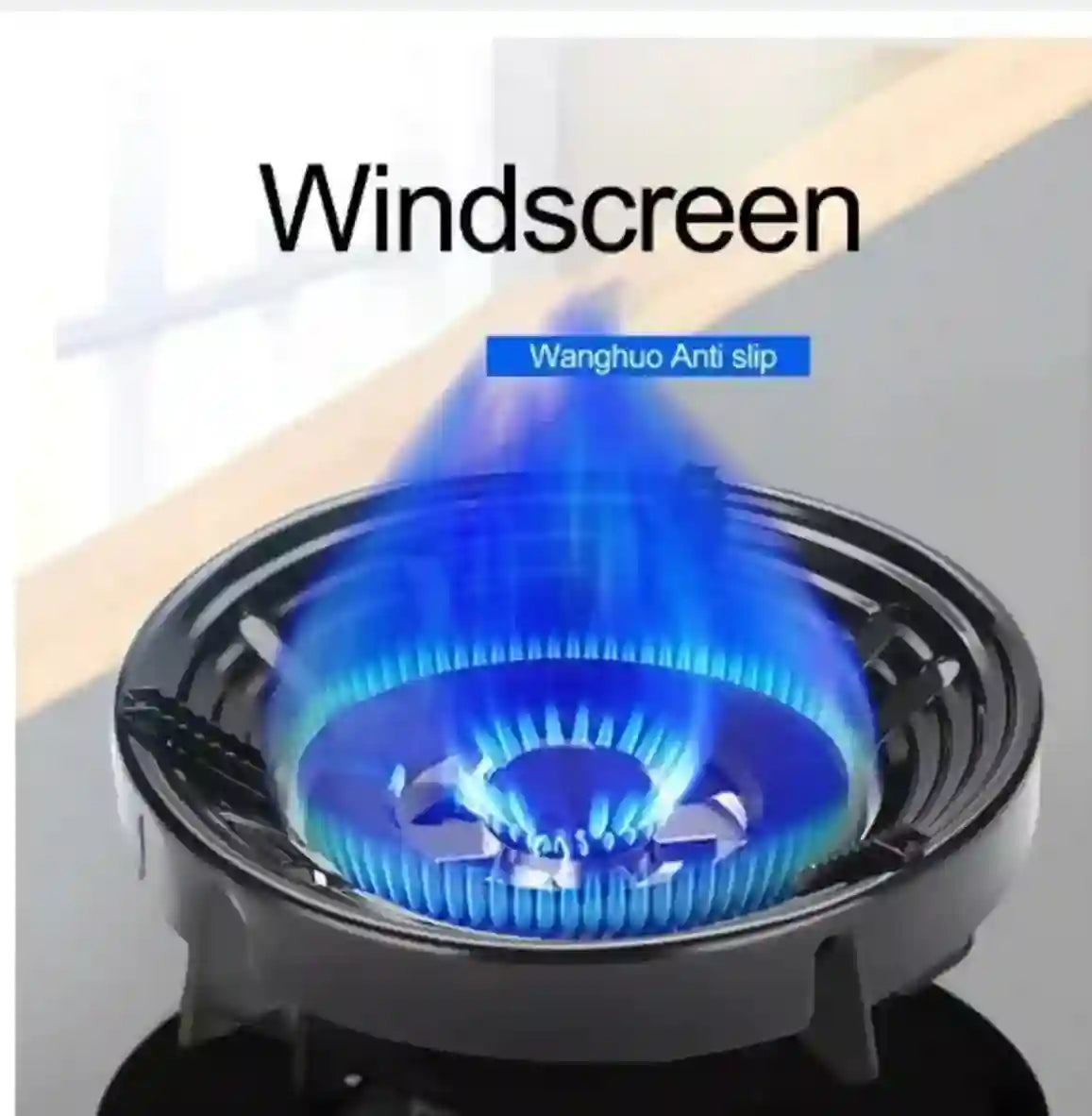 Gas stove with blue flame and 'Wanghuo Anti slip' label on a white background