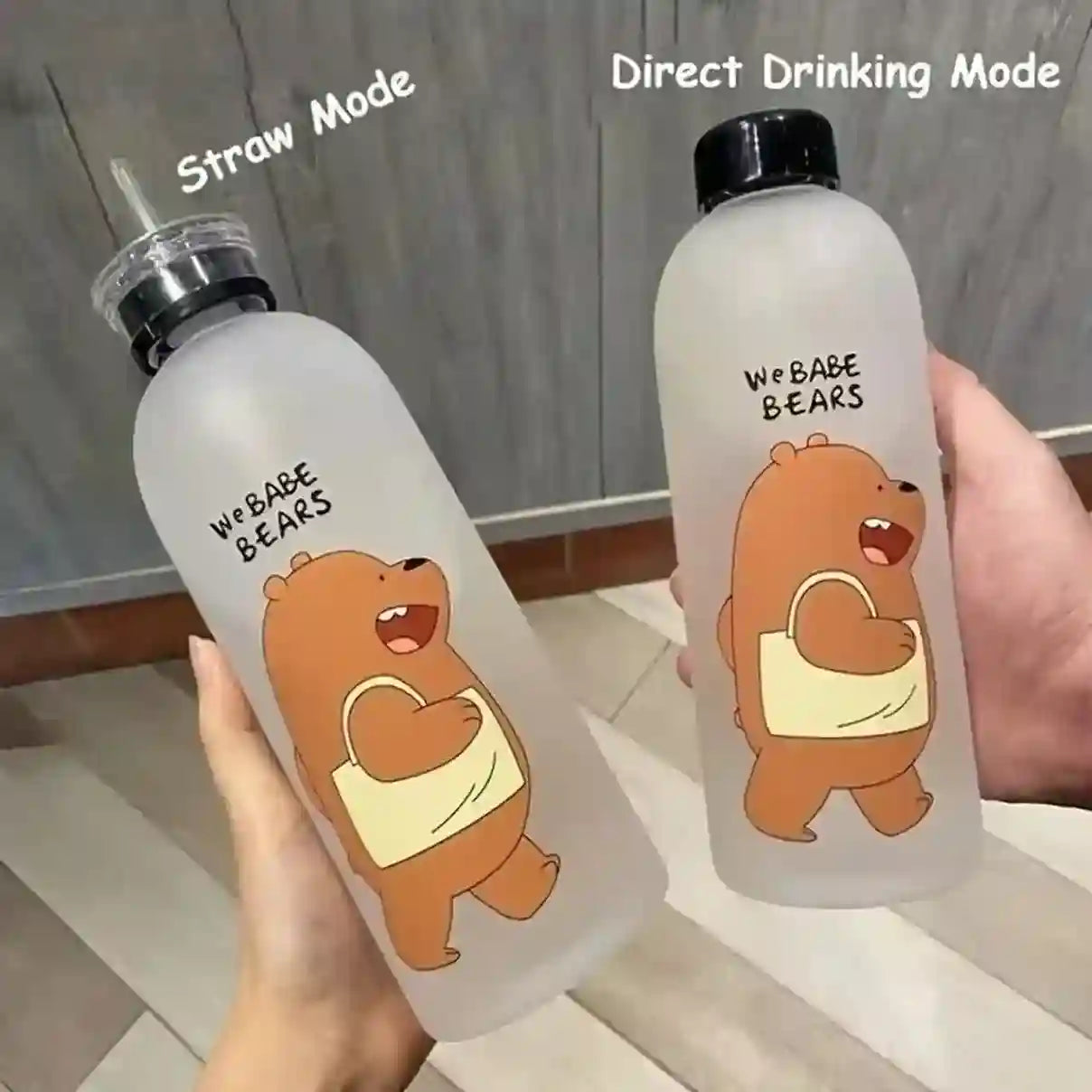 Two 'We Bare Bears' water bottles, one with a straw and one for direct drinking, held by hands.