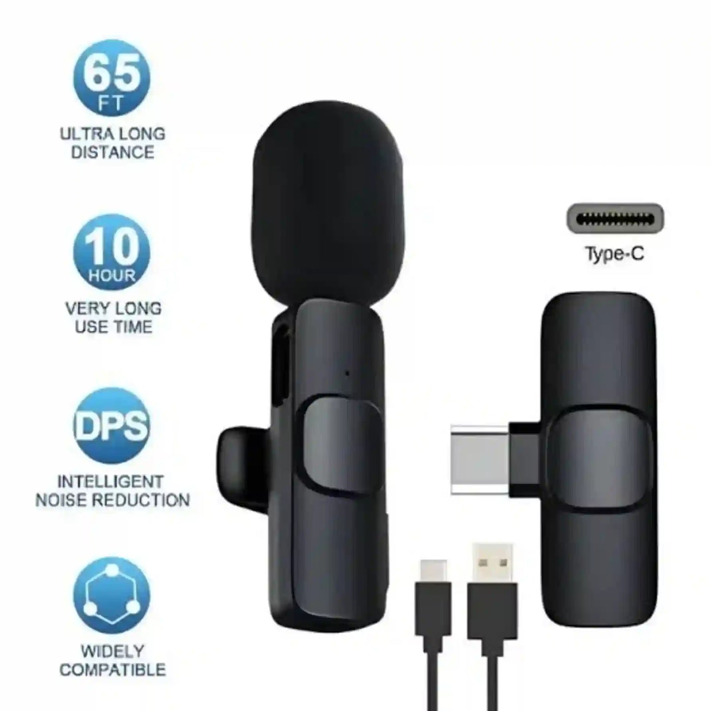 Black microphone with USB and Type-C connections on a white background