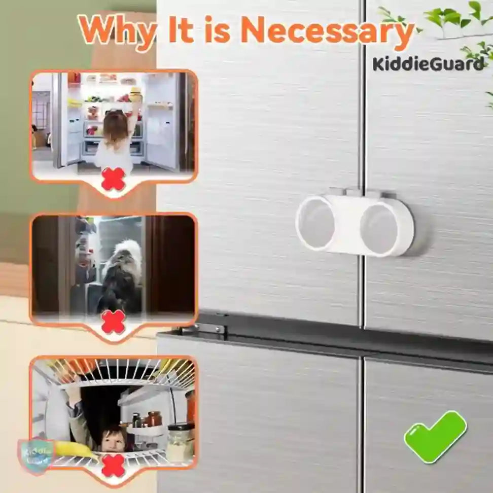 KiddieGuard product on a cabinet with images showing its use to prevent children from accessing certain areas.