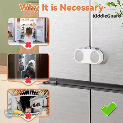 KiddieGuard product on a cabinet with images showing its use to prevent children from accessing certain areas.
