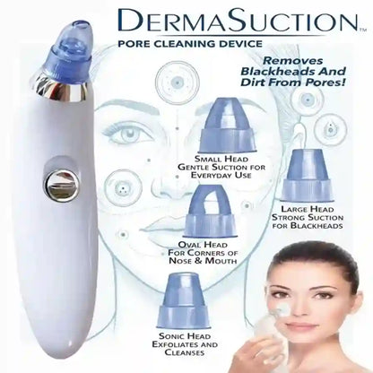 DermaSuction pore cleaning device with attachments and a woman using it on her face.