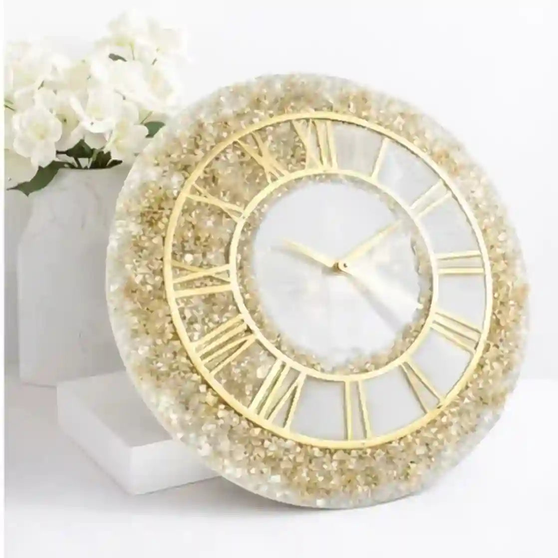 Mehmat Collection White Fire Glass Decorative clock with gold Roman numeral design on a white background