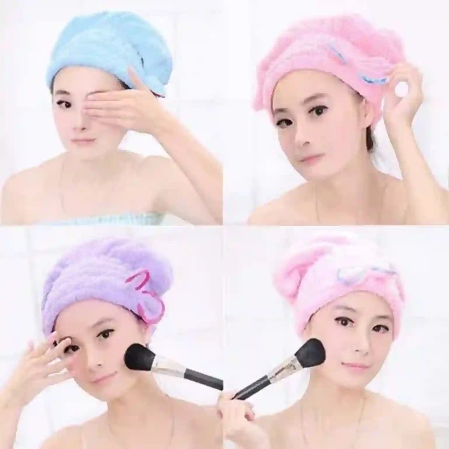 Four images of a woman wearing colorful hair turbans while performing different activities.