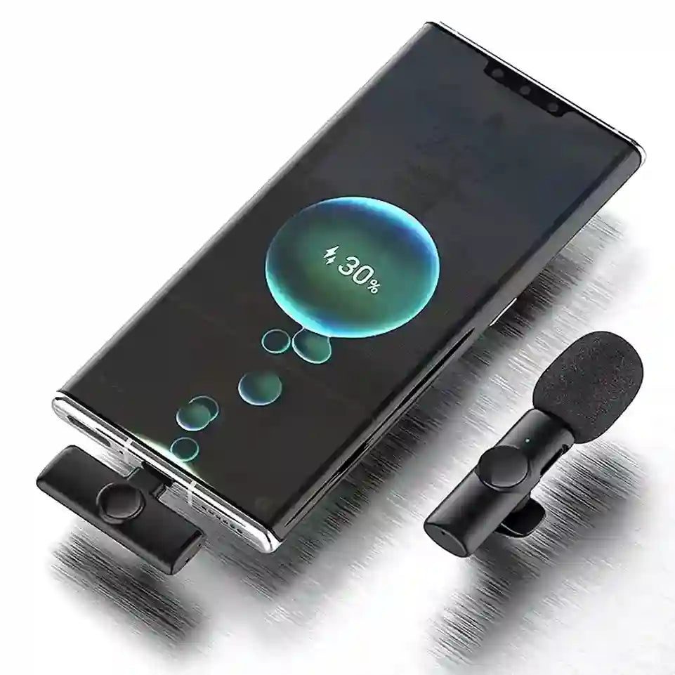 Smartphone with a screen displaying battery level and two microphones on a white background