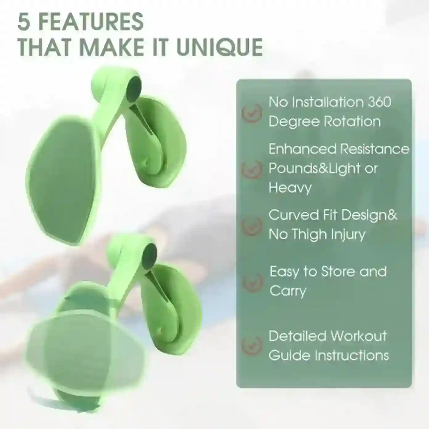 Green exercise device with features listed on a white background