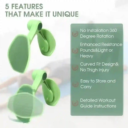 Green exercise device with features listed on a white background