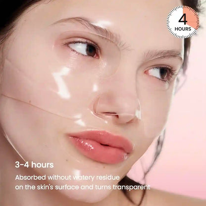 Woman applying a skincare product with text indicating absorption time and effect.