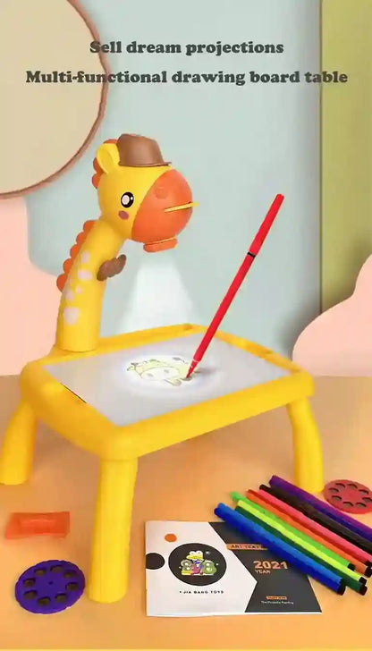 Children's drawing board with giraffe design and colorful pens on a light background