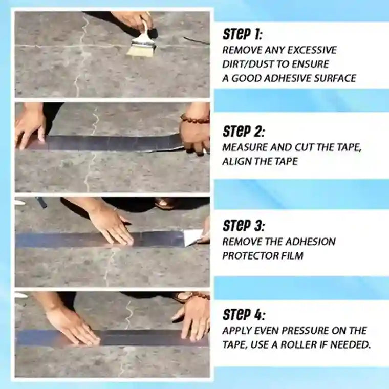 Step-by-step guide on applying tape with text instructions on a blue background
